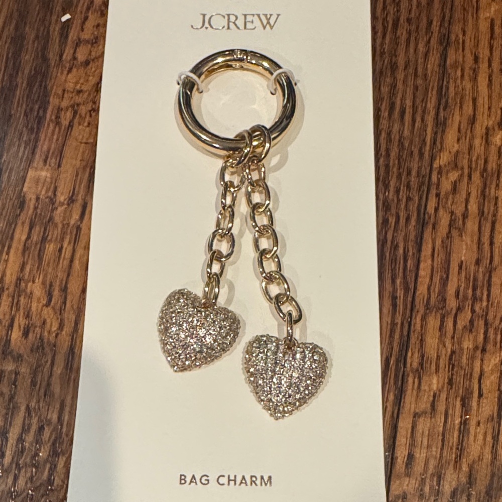 NWT J. Crew Gold with Two Rhinestone Hearts Bag Charm